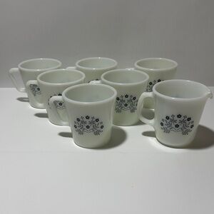 Vintage Pyrex “Summer Impressions – Blueberry” Set of 6 Coffee Mugs with Creamer